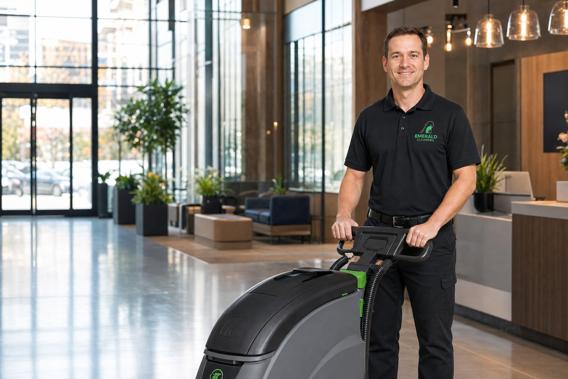 Fair-skinned Emerald Cleaners crew member operating a floor scrubber in a commercial lobby