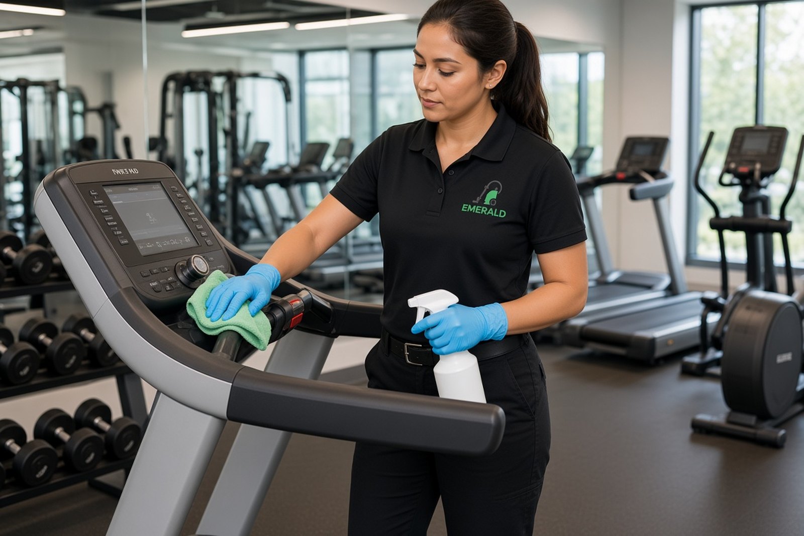 Crew member in gloves wiping down a treadmill console and handlebars in a commercial gym