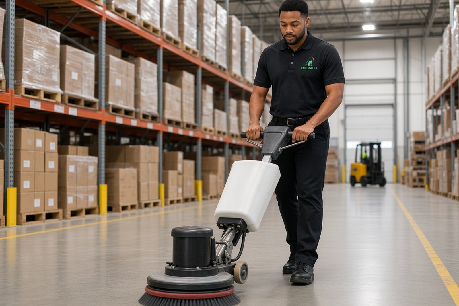 Crew member running a walk-behind floor machine down a warehouse aisle beside loaded pallet racking